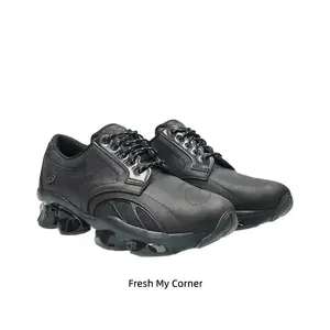 All Black Leather Tech Sneakers - Futuristic Mechanical Sole Shoes for Streetwear, Office & Daily Comfort