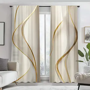 2-Piece set, gold wavy striped elegant curtains, Window Curtain - modern abstract design curtains, translucent rod pocket design, machine washable - suitable for living room bedroom kitchen home decoration, creating a comfortable atmosphere