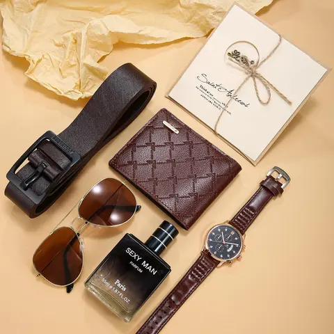Men's Business Fashion Gift Set, Complete Accessories Set with Watch, Wallet, Belt, Sunglasses, Cufflinks and Greeting Card, Trendy Versatile Exquisite Men's Accessories for Birthday