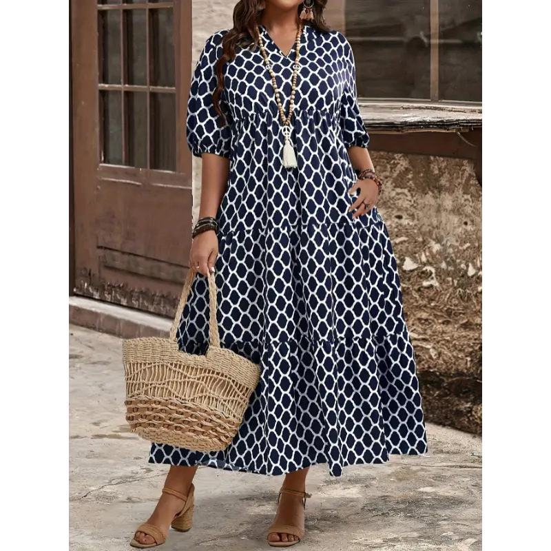 Plus Size Kaftan Midi Dress, Elegant All Over Print Polyester Spring Clothes with a Notched Collar and Ruffled Hem, Machine Washable, Casual, 4Xl