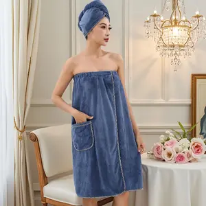 2 items plain coral fleece women's bath dress + hair drying towel.  soft, comfortable and quick-drying for women. Ideal bathroom items for home, bathroom, spa and swimming