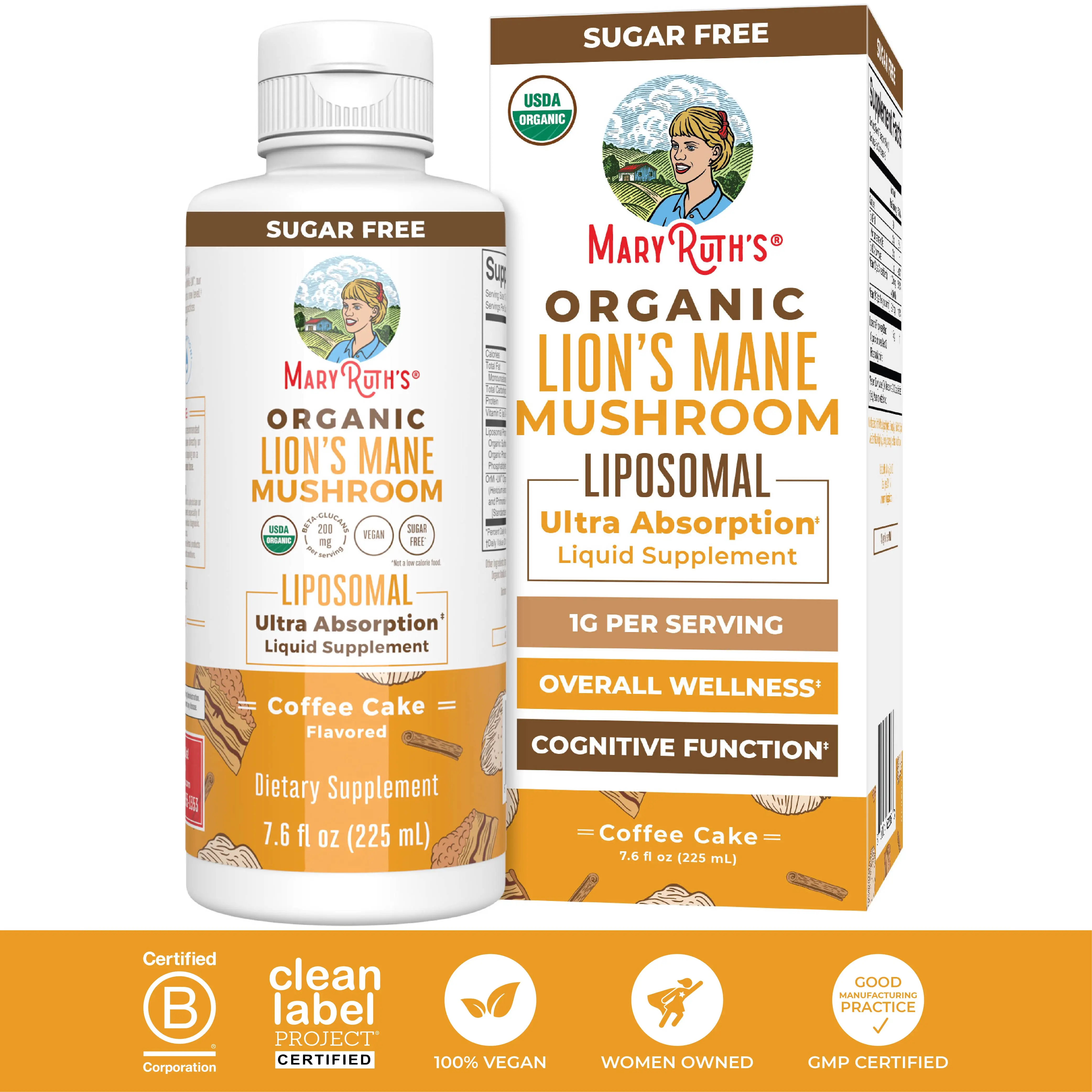 MaryRuth's USDA Organic Lions Mane Liposomal - Ultra Absorption Supplement - Full Spectrum Lion's Mane Mushroom - Vegan - 7.6 oz - 15 Servings