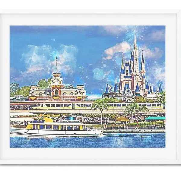 Vintage Watercolor Magic Kingdom Print - Walt World View - 24X18 Or 36X24 Poster