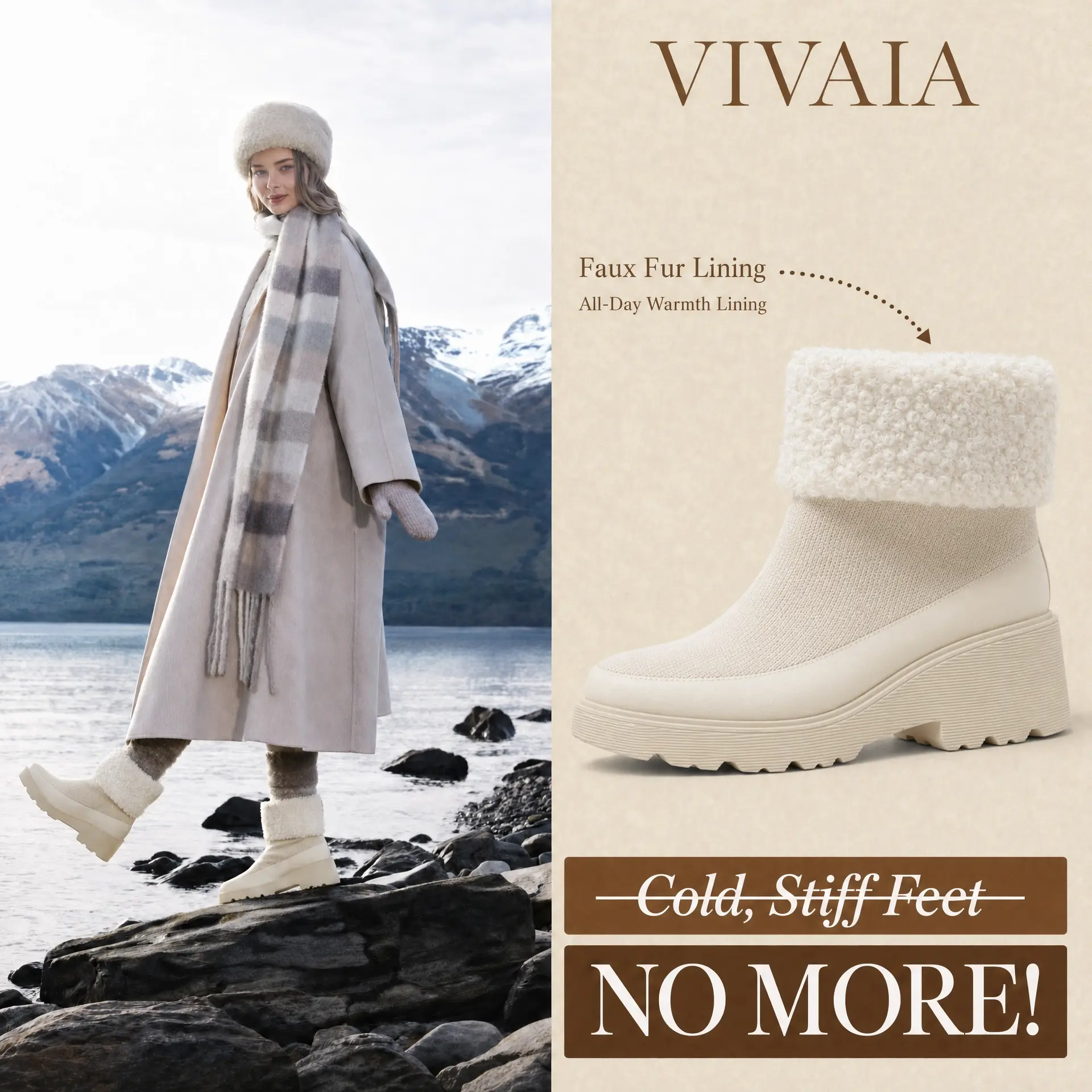 VIVAIA Women's Chunky Minimalist Faux-Fur Wedge Boots - 6cm Height Boost, V-Pro WalkSole, Water-Repellent, Warm & Cozy, Lightweight, Shock-Absorbing Footwear for Winter Travel & City Chic (Elaine) - Women's Walking Shoe, Walking Shoes