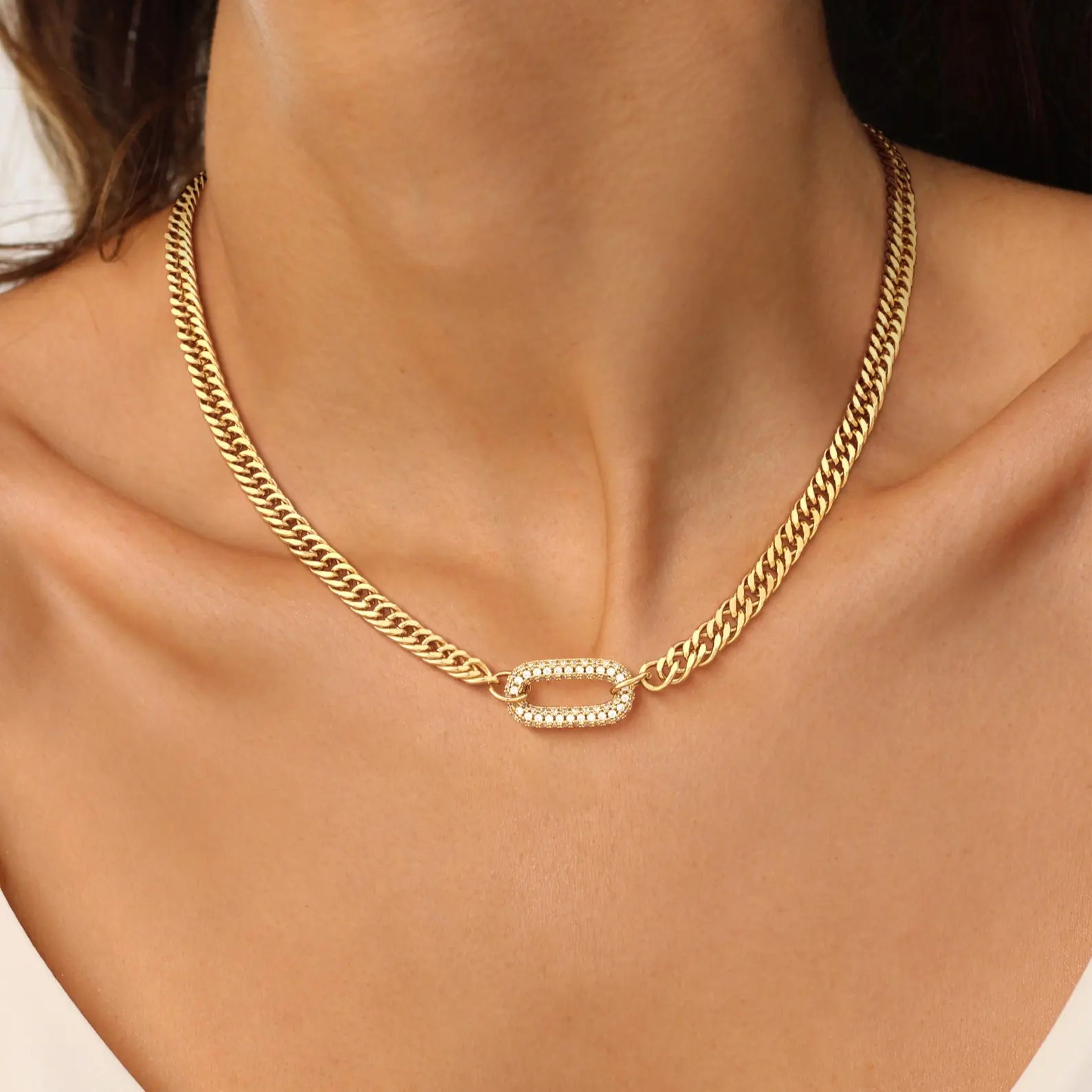 FREEKISS Gold Half-Pave Diamond Chunky Paperclip Double-Line Faceted Cuban Necklace, a fashionable accessory gift for women’s everyday attire, suitable for all occasions summerwins