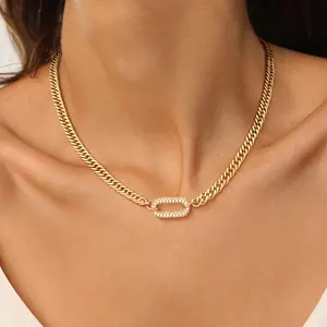 FREEKISS Gold Half-Pave Diamond Chunky Paperclip Double-Line Faceted Cuban Necklace, a fashionable accessory gift for women’s everyday attire, suitable for all occasions outdoorfun