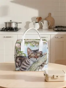 Cat Pattern Durable Lunch Bag, Portable Insulated Handbag, Non-Contact, Suitable for Work, School, Picnic, Travel, Casual Style, Reusable Lunch Bag