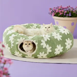 Cat Tunnel Bed for Indoor Cats - Cute Cat Donut Tunnel with Washable Circle Cushion, Round Pet Play Tunnel Toy for Kitten/Puppy/Rabbit - Animal Blanket Home Calming
