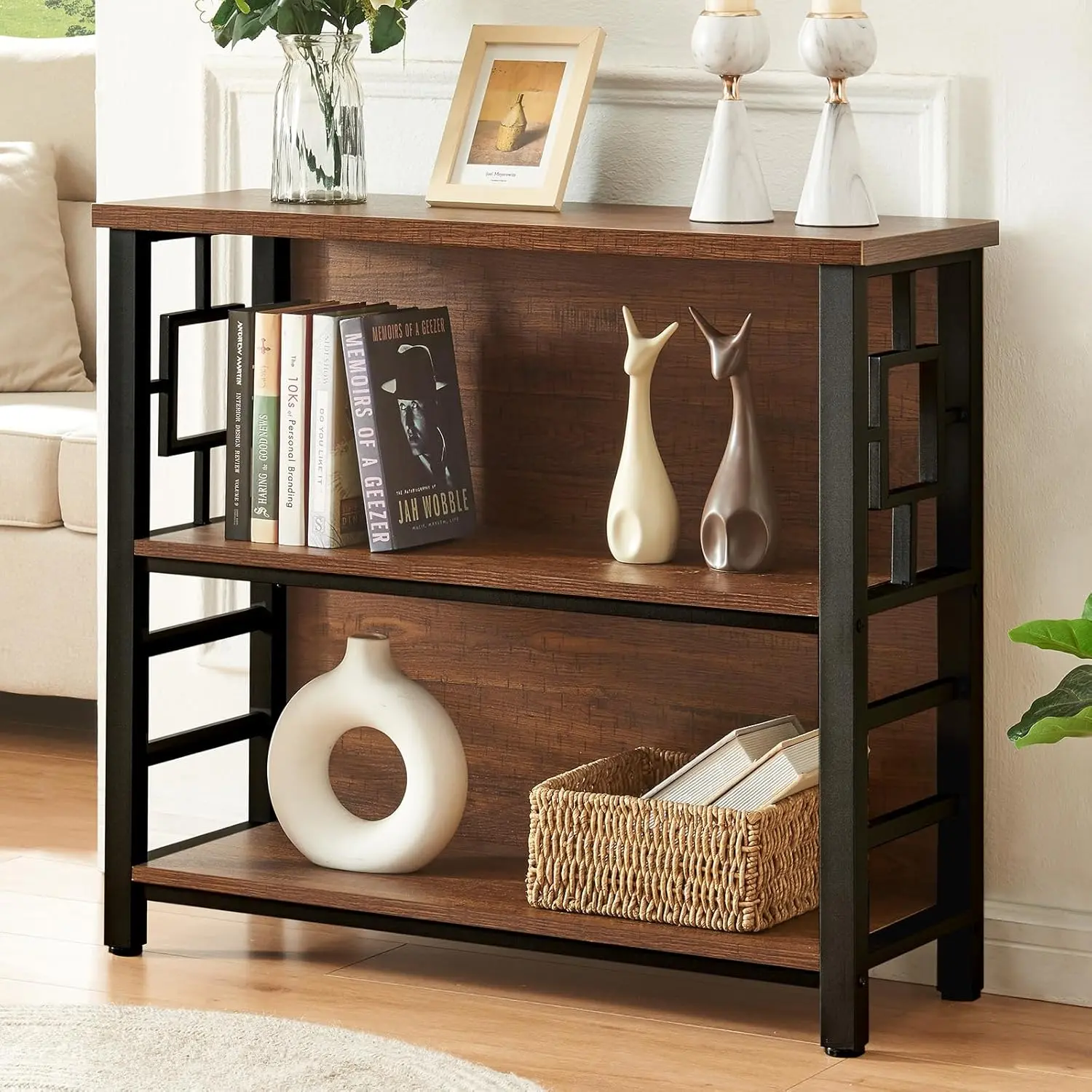Book Shelf, 3 Tier Deep Bookshelf with Storage, Engineered  and Metal Shelf Bookcase, Low Short Bookcases for Small Space, Living Room, Bedroom, Office, Rustic Brown