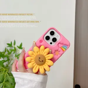 Sunflower Stand Phone Case for iPhone 13/14/15/16/14 Pro/16 Pro Max/15 Plus - Cute 3D Flower Holder Silicone Cover, Handsfree Viewing, Mobile Accessory, Floral Design, Flexible Protection, Soft Material, Fashion Lovers, Young Adults