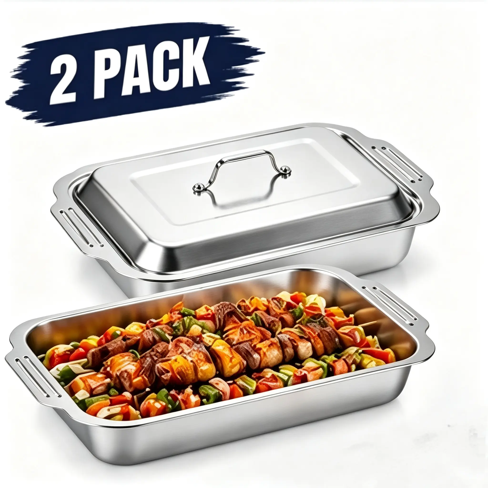2 Pack Stainless Steel Rectangular Baking Trays with Lids,Extra Large Roasting Pan for Oven Baking,BBQ,Seafood, Serving & Family Gatherings,Heat Resistant Kitchen Cookware,Christmas Party & Holiday Cooking,back to school