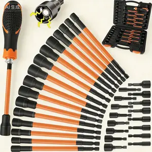6 Inch Long Handle Nut Driver Set| 33 Piece SAE and Metric Kit| 1/4 Inch Hex Shank Cr-V Steel| Magnetic Sockets for Secure Hold| Professional Tool Set for Mechanics