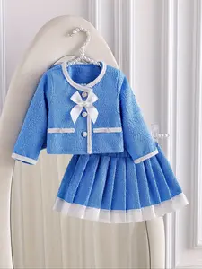 Little girl autumn and winter short skirt suit, bow coat   pleated short skirt 2 piece set, elegant and fashionable suit for baby girl, suitable for attending, Baby Girl Clothes
