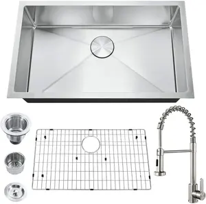 Bronstarz 30*18 INCH Handmade Stainless Steel Single Bowl Undermount Kitchen Sink With Stainless Steel Put Down Faucet Set