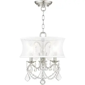 3 Light Brushed Nickel Mini Chandelier/Ceiling Light fixture with Off White Silk Shimmer Shade