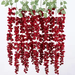 6 count Burgundy Wisteria Hanging  48" Silk Wisteria Artificial  Garland Vines  Hanging  Decoration for Wedding Flower Wall Backdrop Centerpieces Room Decor (Burgundy)
