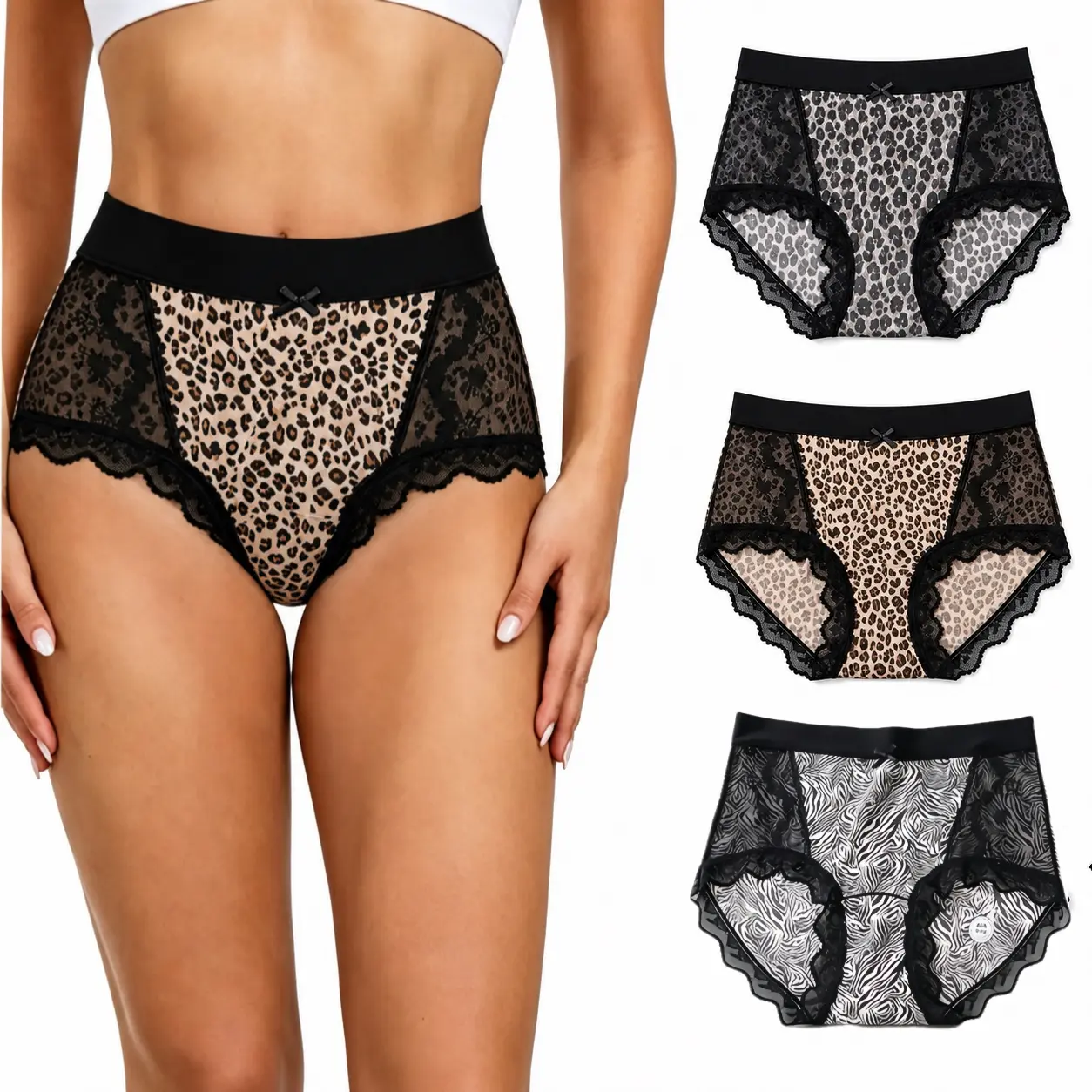 Plus Size Leopard Print Panties for Women High Waist Tummy Control Lace Briefs Antibacterial Silk Crotch Underwear