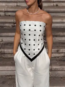 Women White Black Polka Dot Strapless Top Bandana Bohemian Style Tube Crop Top V Hem Scarf Blouse Contrast Trim Sleeveless Summer Going Out Top Y2K Vintage French Vacation Beach Party Date Night Tops for Women