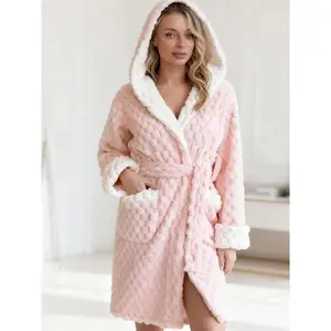 Thick cloud velvet warm hooded robe, color-blocked drawstring, long-sleeve pajamas, two pockets, luxurious style GARMENTARY