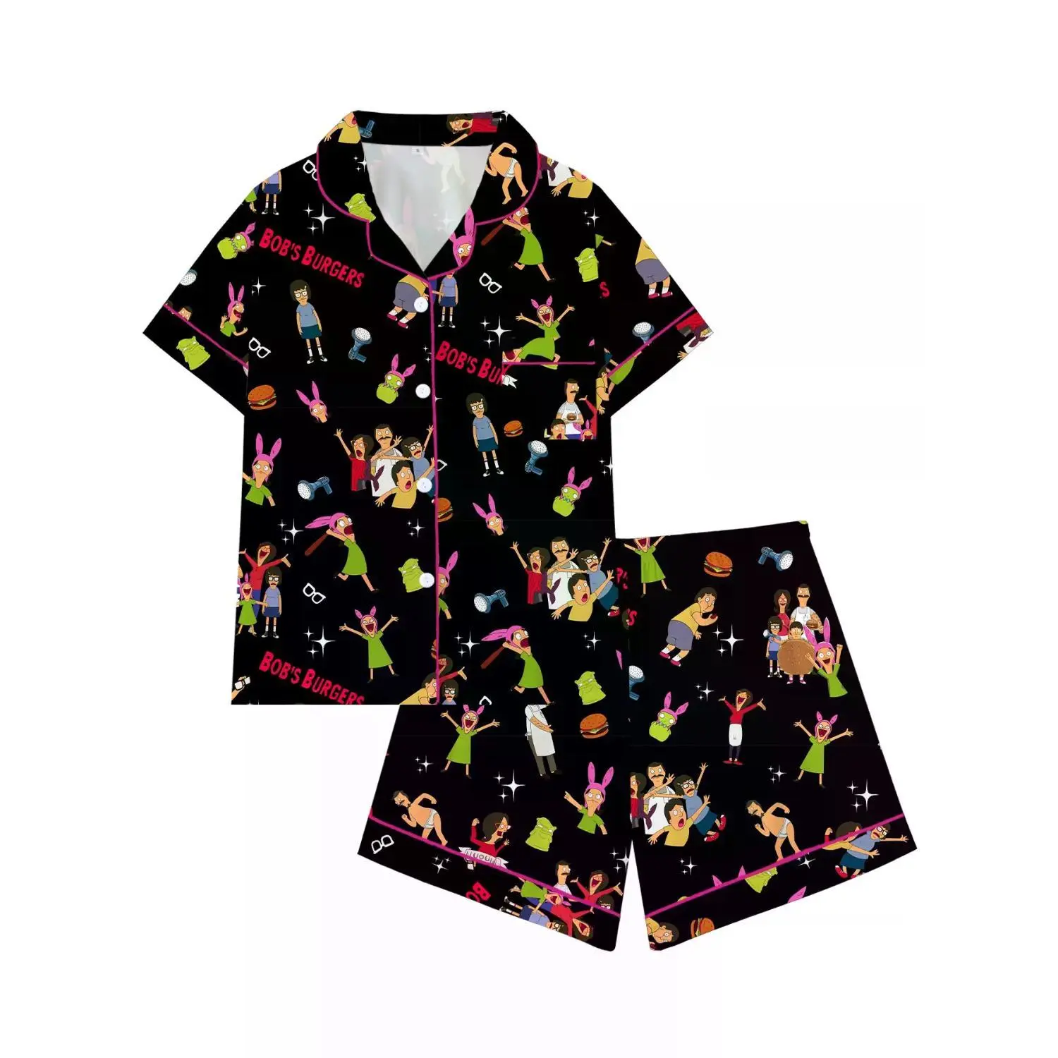 Women's Bob's Burgers Character Art Burger Theme Collared Top Shortsleeve Pajama Set - Comfy Nightwear Loungewear for Multi-Season Use