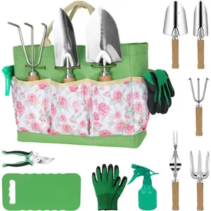 Garden Tools Set, 10- Heavy Duty Garden Hand Tools Kit with Wooden Handle, Durable Organizer Bag for Garden Supplies, Gardening Gifts for Women Grandmother,  Floral