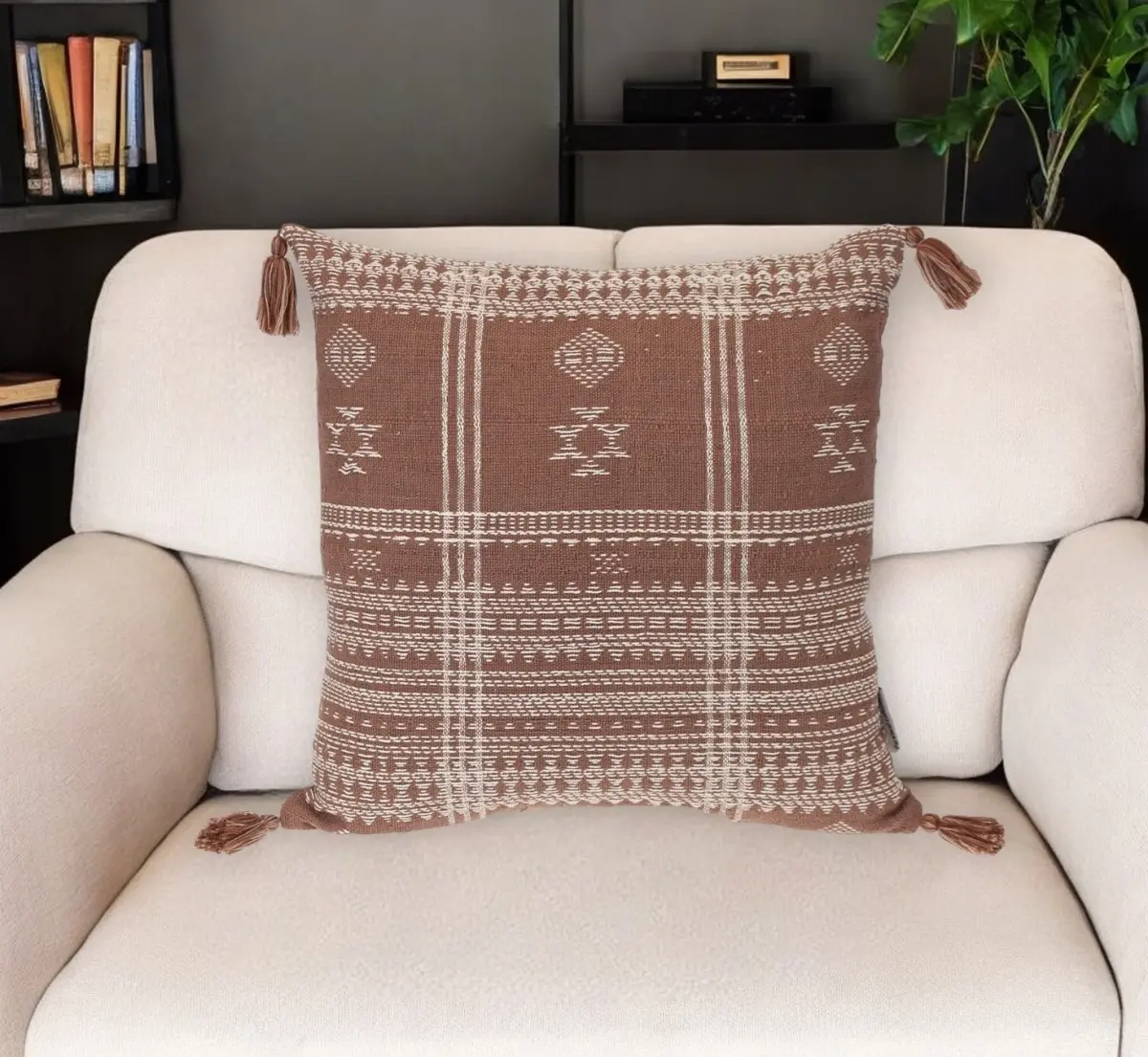 360 Stand 18 in. Beige & Brown Cotton Fiber Decorative Cushion - Soft, Durable, Southwest Print, Tassel Trim, Handmade, Zippered, Transitional Style for Bedroom Use, Soft And Durable