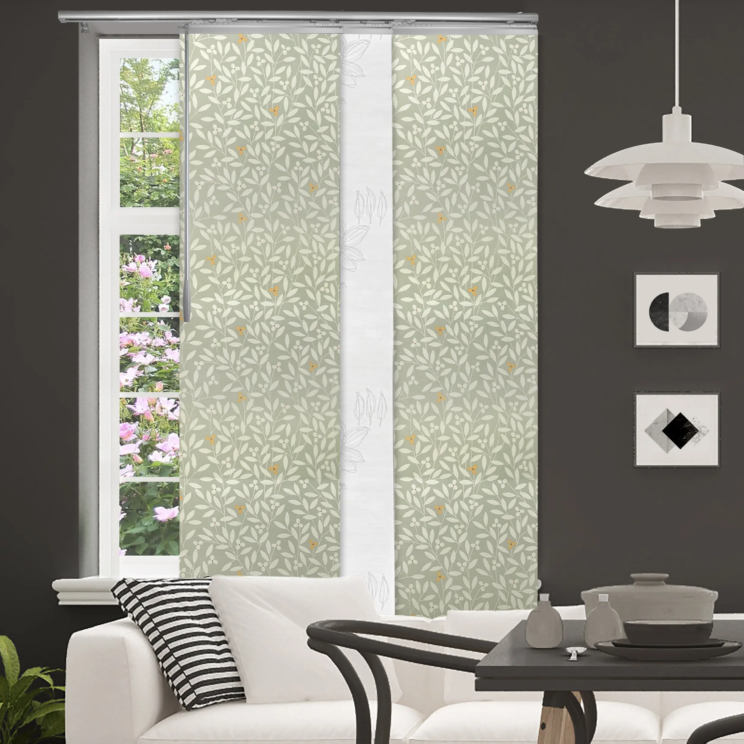 3-Panel Single Rail Panel Track Blind Extendable 36"-66"W x 91.4"H, Panel width 23.5", Lotus, Camellia