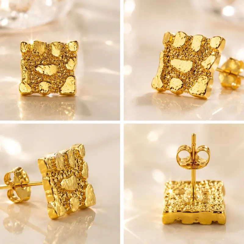 14K Gold Plated Brass Alloy Square Textured Nugget Stud Earrings, Unisex Fashion Earrings with Classic Style, Perfect for Female Christmas & Birthday Gifts