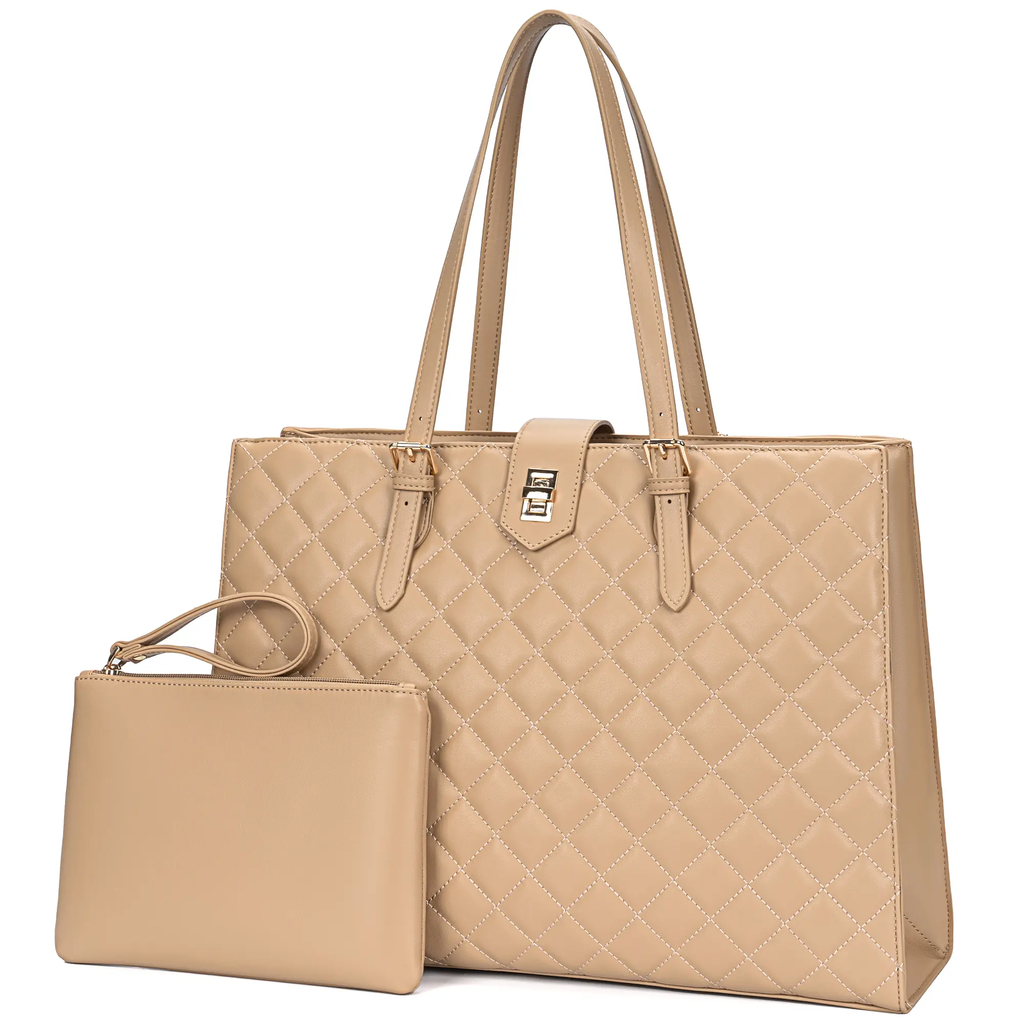 Clearance | BAGOK Women's Quilted PU Tote Bag 2Pcs Set - Large Work & Commute Bag with Laptop Compartment, Casual Handbag for School Travel