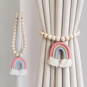 1pc Bohemian Style Magnetic Wooden Bead Strap with Rainbow Tassel, Lace Craft with Handwoven Pastel Beads and Tassels, Easy Installation, Suitable for Home Decoration Living Room, Bedroom, Study, etc. Elegant Curtain Accessories