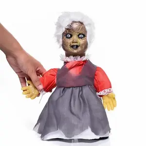 34cm Voice-activated—Glow-in-the-dark and sound-emitting Halloween decorations; walking dolls for voice-activated, glow-in-the-dark bar or haunted house scene displays; creative, spooky-faced dolls; requires 3 AA batteries (not included); in a box.