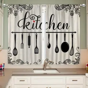 2D Flat - 2D Flat - Set of Vintage Kitchen Curtain Valances in 2D Flat Design Featuring a European Knife And Fork Pattern, Ideal for Home Decor in Cafes, Offices, Living Rooms, Bedrooms, And Dining Areas inganchos custom drapery panel doble layer
