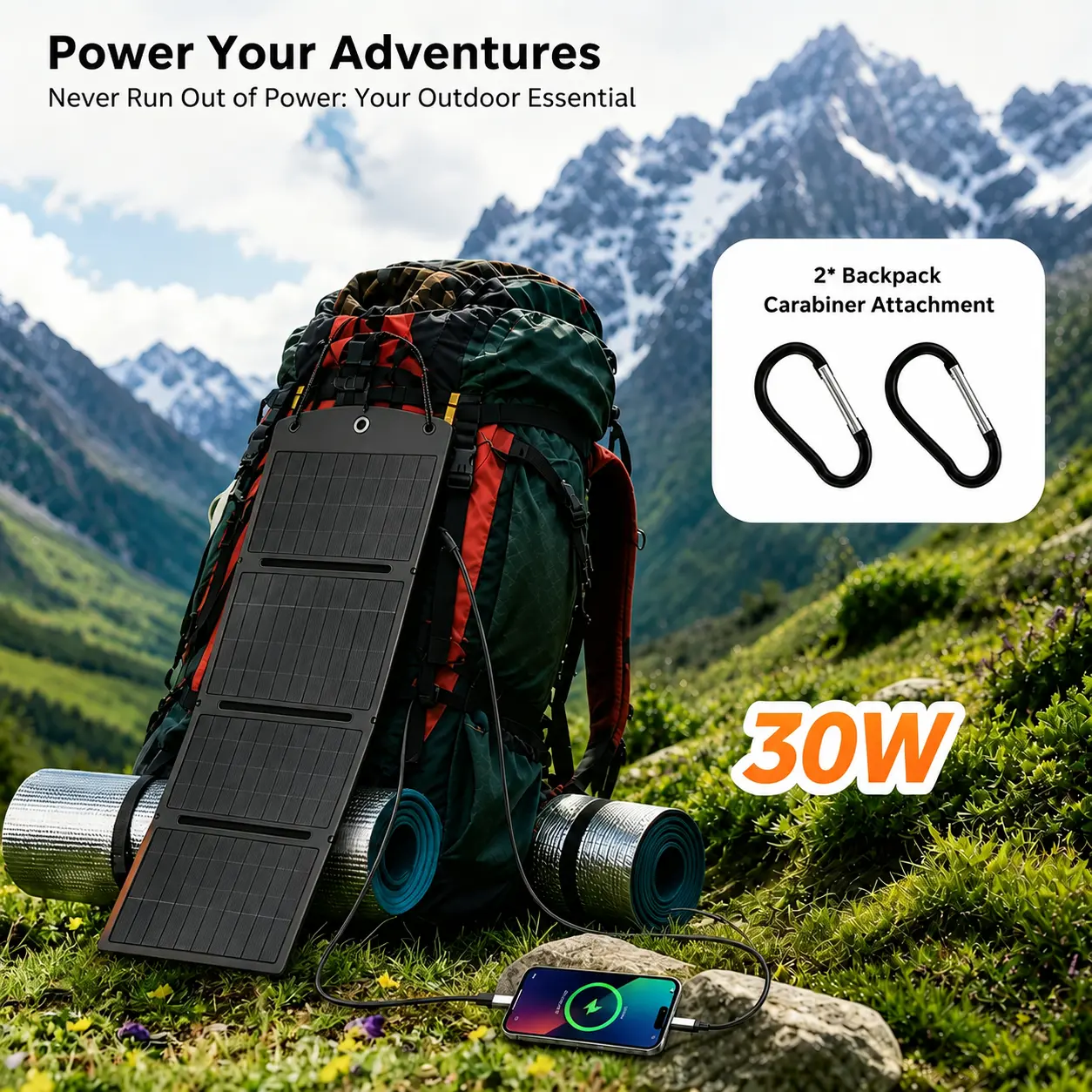 FlexSolar 30W Portable Solar Panel Charger – Foldable Monocrystalline Waterproof Power Source | Foldable Solar Power Bank for Camping, Hiking & Outdoor Trips | Outdoor Solar Panel USB-A & USB-C Fast Charging for iPhone, IP67 Durable，iPhone & Tablets