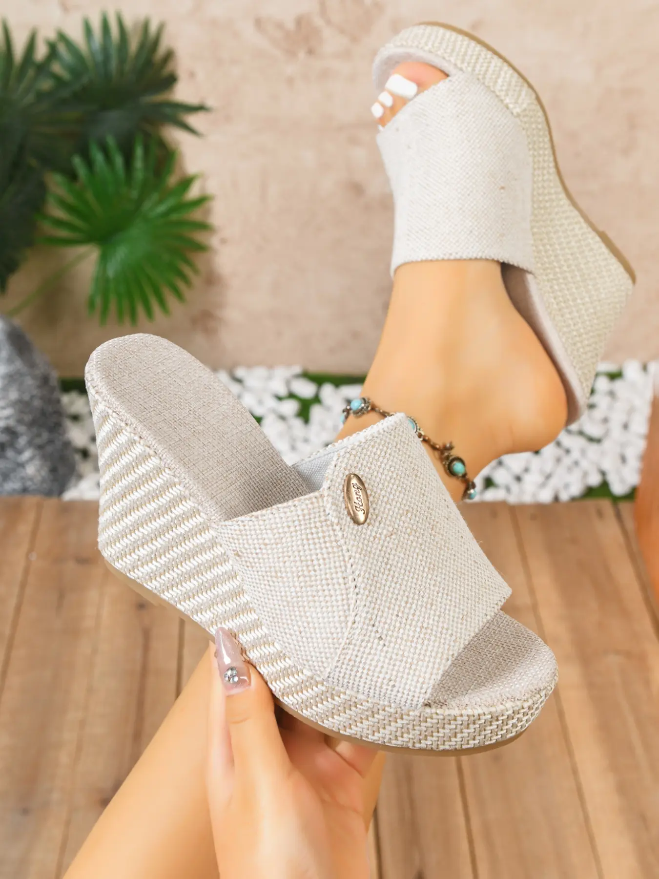 Open-Toe Wedge Mules, Women's Stylish Classy Fashion Linen Upper Espadrille-Style Summer Footwear