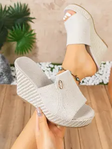 Open-Toe Wedge Mules, Women's Linen Upper Espadrille-Style Summer Footwear