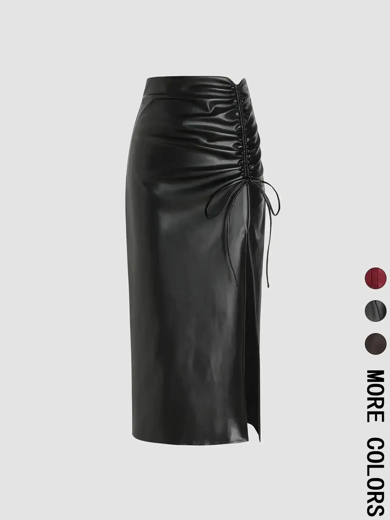 Women's Ruched Adjustable Drawstring Split Thigh Pu Leather Skirt, Fashion Casual Fit High Waist Long for Daily Wear, Bottoms Spring & Fall, Womenswear, Lady mini skirt flattering