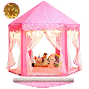 Sumbababy Princess Castle Tent with Rug for Girls Fairy Play Tents for Kids Hexagon Playhouse with Fairy Star Lights Toys for Children or Toddlers Indoor Games (Pink Princess Tent with Rug)