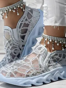 Women's Breathable Mesh Sneakers with Metal Sequins, Casual Round Toe Low Top Shoes, All-Season Comfort Footwear