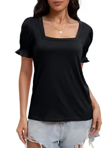 Tops for Women Summer Casual Square Neck Ruffle Sleeve Blouses T Shirts for Women Loose Fit