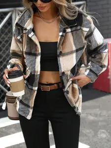Women's Loose-Fitting Shirt Jacket Coats Plaid for Autumn Winter, Casual Vintage High-End Design, Perfect for Daily Wear and Stylish
