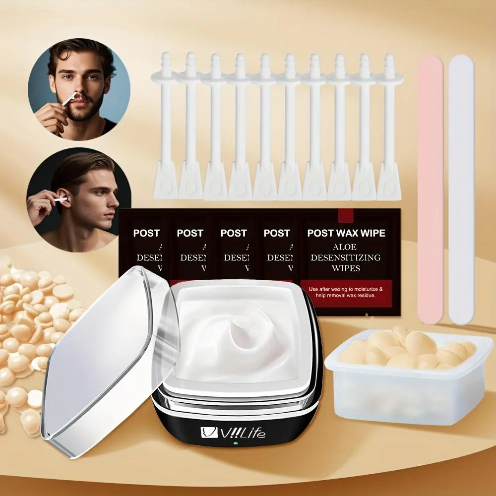 3 in 1 Mini Wax Heater Kit, Waxing Set, Waxing Warmer, 1 Wax Heater & 50g Hard Wax Beans & 5 Post-wax Wipe & 2 Applicators & 10 Plastic Sticks for Nose and Ear Hair Removal, Body Care, Hard Wax System, Home Hair Removal