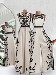 Women's Floral Print Tie Back Wide Leg Jumpsuit, 1 Count Casual Keyhole Back Sleeveless Jumpsuit for Daily Wear, Ladies Clothes for Summer, Womenswear, Stylish Jumpsuit, Elegant Fashion Jumpsuit