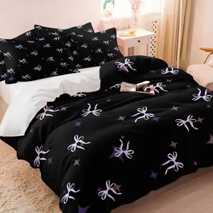 2/3 Pcs Gentle Starlight Bow Print Duvet Cover Set,Includes 1 Count Duvet Cover & 1/2 Pillowcase without Filler,Cute and soothing, soft and comfortable,Suitable bedding for all seasons,A perfect gift for children and teenagers ,Bedroom Bedding Set