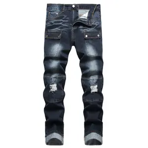 JUNBAOSS Men's Biker Zipper Deco Jeans, Mens Slim Fit Stretch Jeans Ripped Skinny Jeans for Men, Casual Fashion Straight Leg Comfort Flex Waist Cargo Denim Pants, Menswear Trouser Streetwear Jean with Plain Pockets