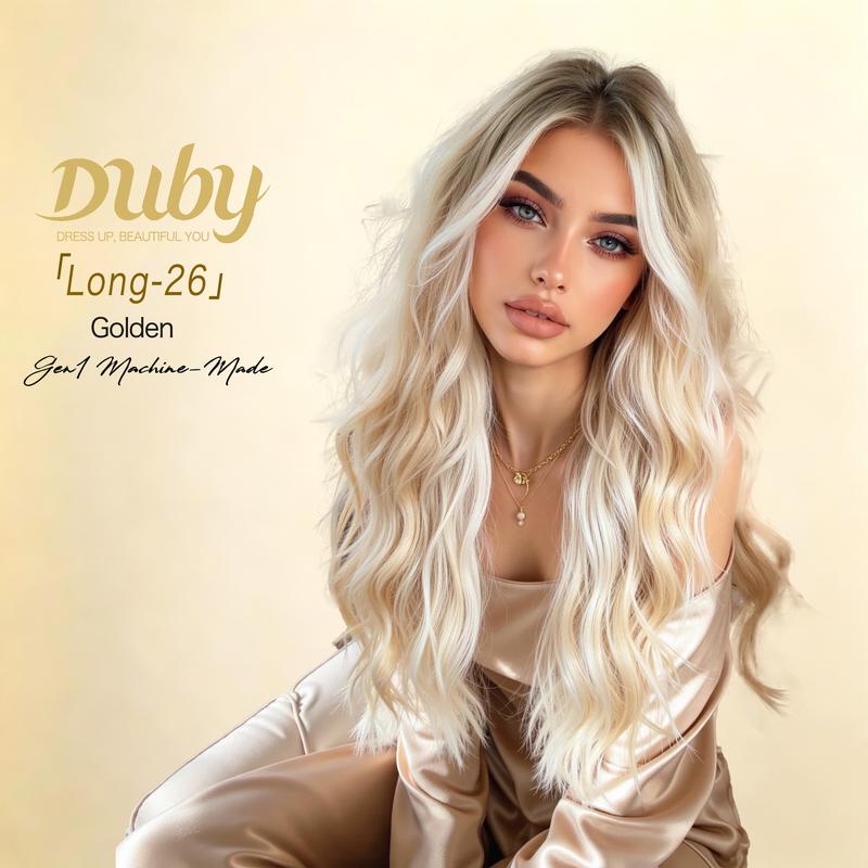 Duby Long-26 Graduated White Golden Gen1 Machine-Made Wavy Hair Extension for Stylish Looks natural-looking scalp Cool Tone synthetic full machine wigs middle part synthetic heat