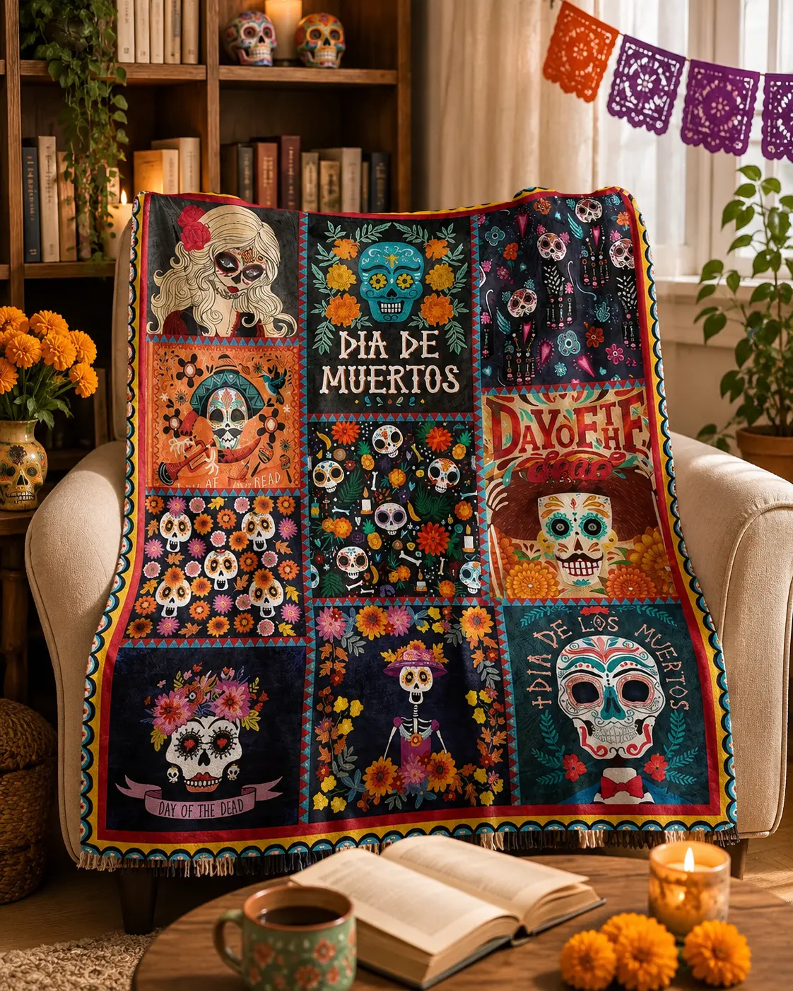 Día de los Muertos Sugar Skull Flannel Blanket Mexican Folk Art Patchwork Throw Blanket Soft Cozy Plush Blanket for Bed Couch Sofa Fall Halloween Home Decor Gift