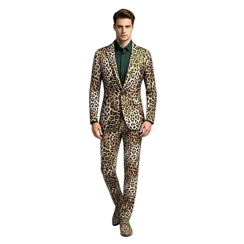 Trendy Leopard Print Slim Men Suit Set, 2-Piece Blazer & Pants for Performance Bold Street Formal Style