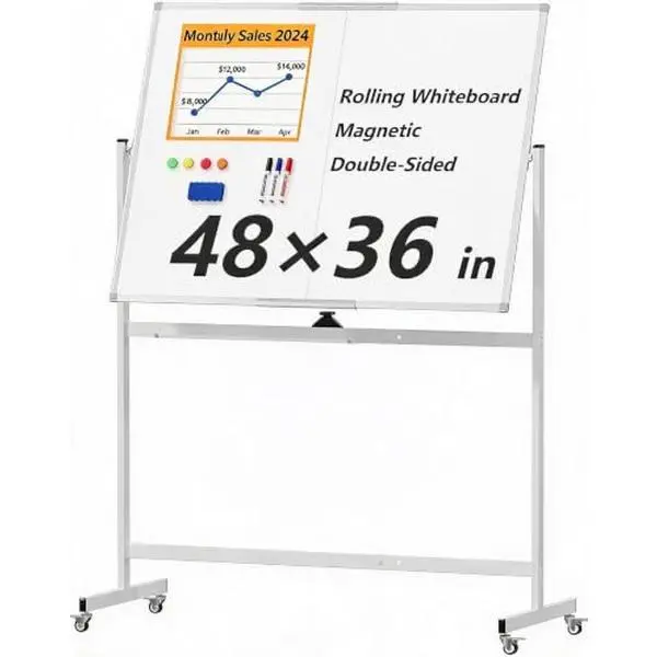 White Board On Wheels 48"x36" Double-Sided 4' x 3' Portable Standing Magnetic Dry Erase Board Easel for Home Office Classroom School,Easy Clean & Flip