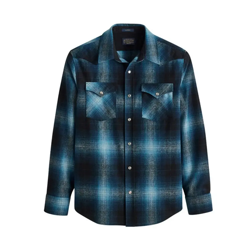 Pendleton Men's Classic Western Canyon Top - Menswear Clothes, Long-Sleeve 100% Virgin Wool Turquoise Ombre Plaid Shirt with Pearlized Snaps, Chest Pockets