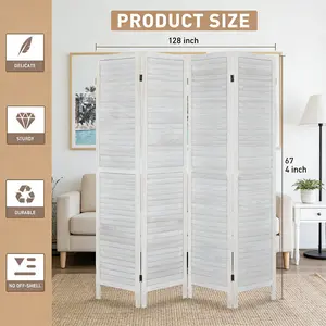 Fionafurn8PanelRoomDivider-FoldingPartitionPrivacyScreen,67"TallLouveredWoodWhiteDividerforHomeBedroomLivingRoomApartmentDorm,PortableFreestandingWallSeparator,NoAssemblyNeeded,360°Hinges,Light&AirFlow
